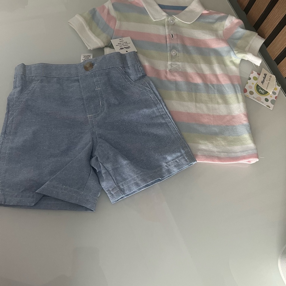 Little Me Pastel Striped Shirt and Blue Shorts Set
#74